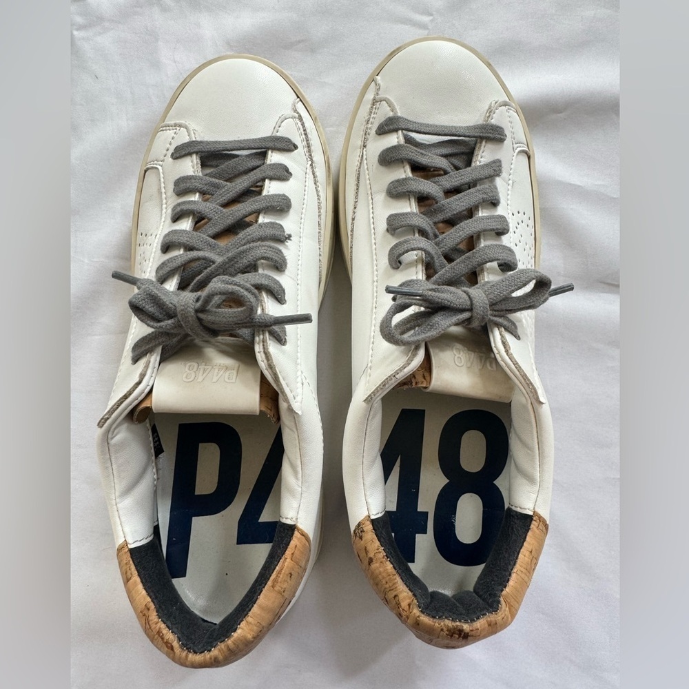 P448 White Leather Low Top Sneakers Gray Laces Cork Heel Italian Designer Shoes